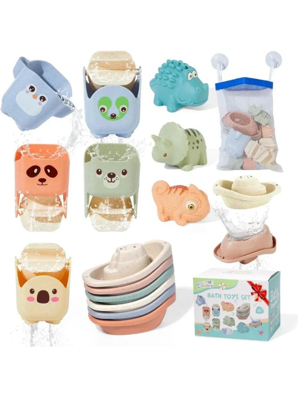 Mold-Free Baby Bath Toys Set, 14 Pack Floating Boats & Cups for Toddlers 1-3